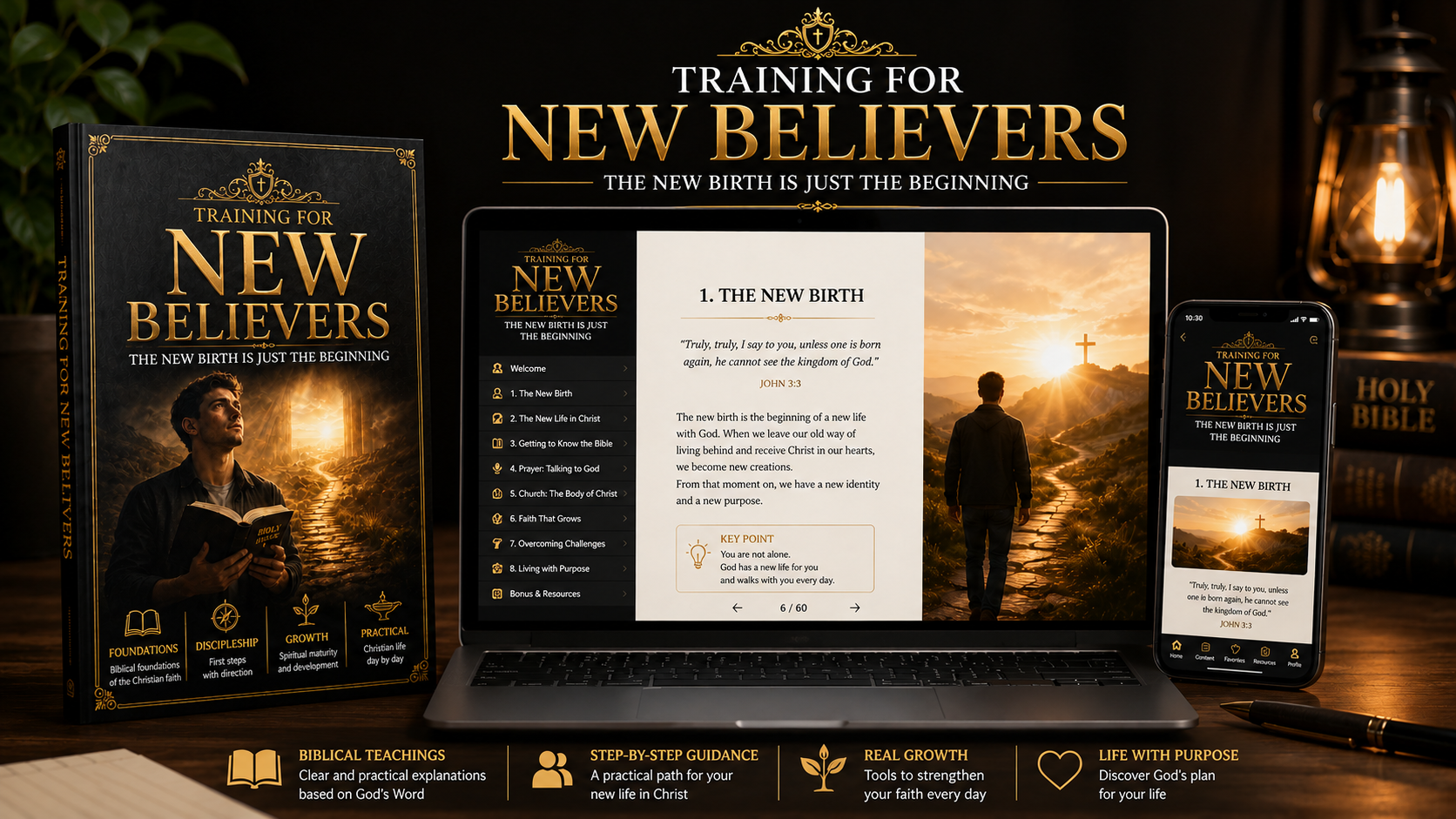 New Believer Training displayed as a book and on a computer and phone